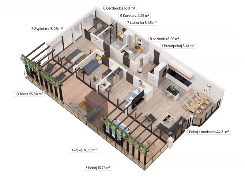 Rzut apartamentu B-99 z tarasem 55,50 m²